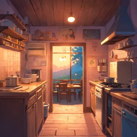 Equidistant rendering of game art inside the kitchen of a horror village house at dusk