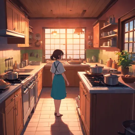 Equidistant rendering of game art inside the kitchen of a horror village house at dusk