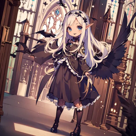 very cute female girl:1.5,(smile broadly:1.3),(Darkness:1.4),blue eyes,silver hair:1.3,(glay brown skin:1.7),elf ear:1.3, (raven wings:1.7),(dark elf:1.6),action:1.6,Gothic Lolita cloth:1.8,BREAK dutch angle shot,dynamic angle:1.6,ground-level shot,low ang...