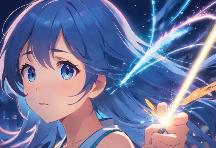 A teen age girl with blue long hair and magic wand in her left hand