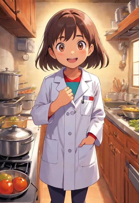 Generate the first image of a 10-year-old girl with Indian features who excitedly entered a kitchen, wearing a lab coat
gibli studio style