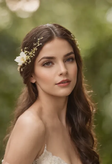 Jovem mulher de 25 anos,Com cabelo ruivo longo e cacheado sedoso e macio,Olho azul detalhado e perfeito,Sarda no rosto,Ultra Perfection,Qualidade de cinema,Vestindo um vestido amarelo agua longo, Com uma flor detalhada e perfeita no cabelo,Em um templo ant...