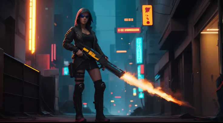 cyberpunk female assasin with flamethrower, nightvision, and electroshock gloves, jet boots