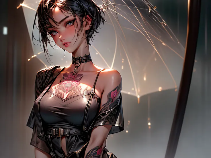 1girl,((masterpiece,expressive eyes, detailed face, detailed background, perfect quality, UHD, intricate details, highres, high resolution, raining in the background, extremely detailed raindrops, detailed yakuza tattoos), tomboy, tall, black hair, pixie c...