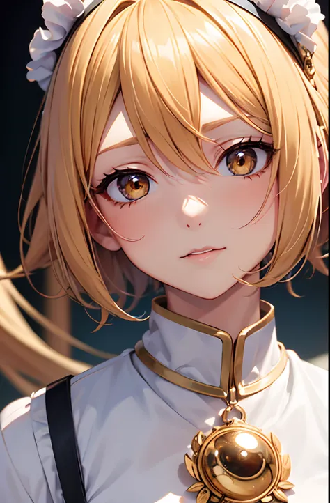 masutepiece, Best Quality, {Best Quality}, {{masutepiece}}, {hight resolution}, Focus, Anime style, Close-up of female cartoons, Girl Design, Portrait, Gisha, anime image, Short hair, Golden hair, Straight eyes,  Sleek and powerful appearance, exotic, tall...