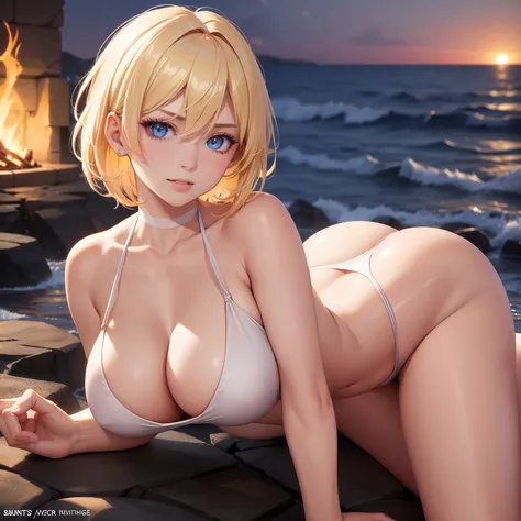 Cinematic soft lighting、Illuminates a handsome female supermodel in amazing detail and super anime, Beach Look, Short-haired and messy blonde, clear pale crimson eyes, Seductive perfect smile, Sensual milf, hot woman, Insanely handsome. The perfect tool to...