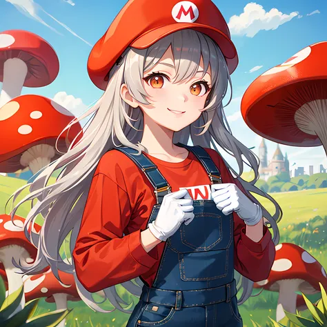 masterpiece, best quality, outdoors, grass, red mushrooms, 1 girl, gray hair, orange eyes, (red t shirt:1.4), (long sleeves), denim overalls, white gloves, upper body, smile, (mario cap), (plain t shirt)