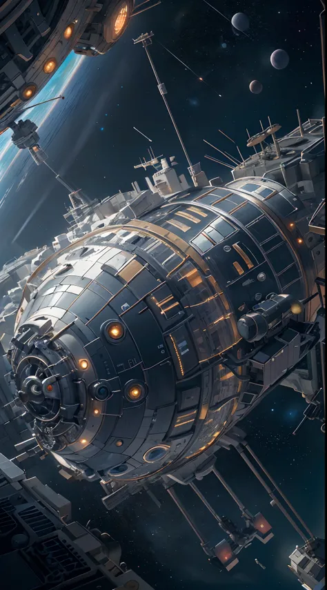 A captivating depiction of a space station floating in the vast expanse of the universe, (Stunning cosmic backdrop), (Detailed spacecraft design), (Renderizado realista), (Escala y proporciones impresionantes), (Arquitectura futurista), (Attention to scien...