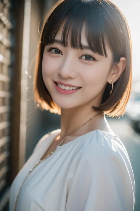 20 years girl、blunt bangs、alleyway、Piercing、blouse、A slight smil、((top-quality、8K、​masterpiece：1.3))、foco nítido：1.2、An ultra-high picture quality、top-quality、​masterpiece、natural soft light、The upper part of the body、the setting sun