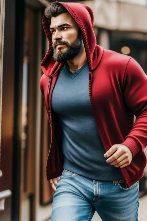 a gentleman with a face of confidence, wisdom, with the appearance of a wise man, in the background another person running, with a hood, with muscles, humble, cut hair, big beard, motivating look, colorful image, in the background several people in movemen...