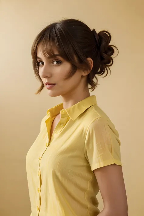 portrait, 35yo brunette italian girl, joetega, reverse bob haircut, sultry flirty look, wearing a yellow shirt, messy bun, 8k, best quality, masterpiece, (looking into camera:1.3), photograph, (beautiful)