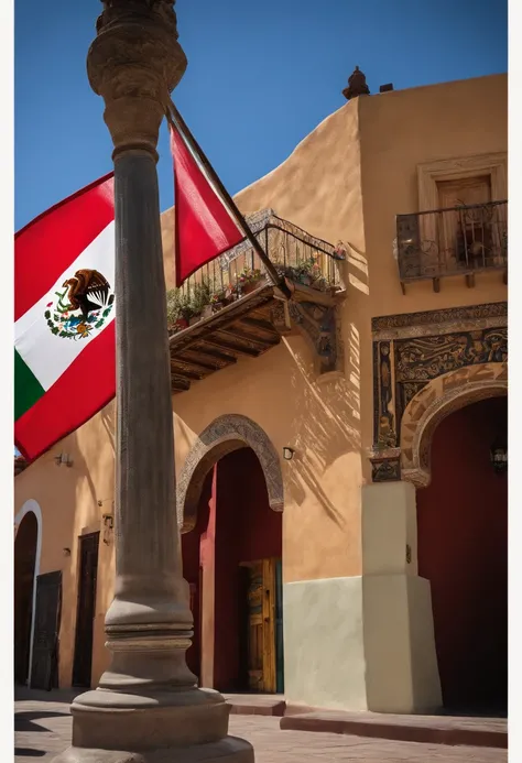 araffe flag of mexico flying in the wind with a blue sky in the background, mexican, mexico, mexican standoff, mexico city, mexican folklore, downtown mexico, flag, mexican warrior, gang flags, she is mexican, james zapata, flags, looking partly to the lef...