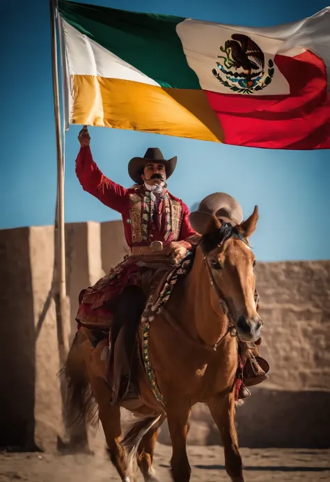 araffe flag of mexico flying in the wind with a blue sky in the background, mexican, mexico, mexican standoff, mexico city, mexican folklore, downtown mexico, flag, mexican warrior, gang flags, she is mexican, james zapata, flags, looking partly to the lef...