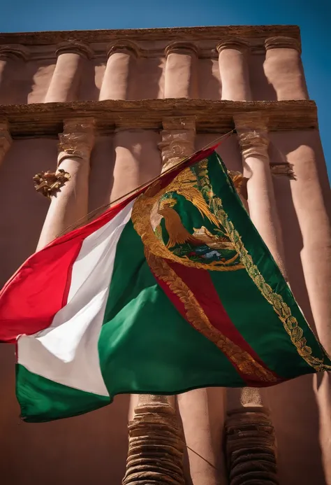 araffe flag of mexico flying in the wind with a blue sky in the background, mexican, mexico, mexican standoff, mexico city, mexican folklore, downtown mexico, flag, mexican warrior, gang flags, she is mexican, james zapata, flags, looking partly to the lef...