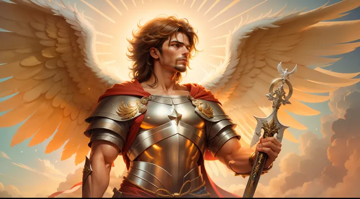 Closeup of an image a man angel with a large and long sword with attack position in right hand, in the other left hand holding a scale, Angel dressed as a Roman soldier looking at the ground, arcanjo homem com asas grandes, o anjo da fortuna, perfeito, Res...