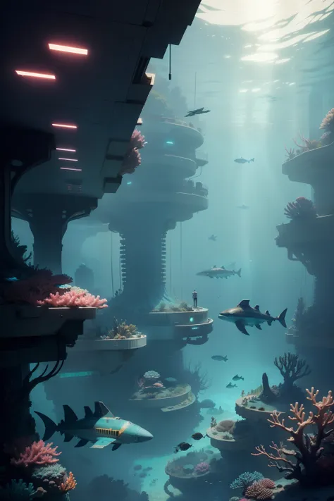 The underwater cyberpunk megacity, a coral reef, sharks