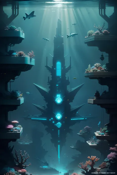 The underwater cyberpunk megacity, a coral reef, sharks