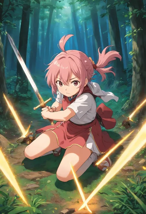 Astolfo from Fate series drawing out his sword while a lance is stabbed into the ground