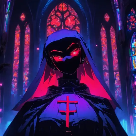 raw, analog) (gothic nun huge breast), set in the 1990s, surreal make up, leather clothes inside a gothic church at night, neon lights, very dark, horror, red shades, chaos, sinister, high details, ultra realistic, SonyA7III, cinematic lighting, film, grai...