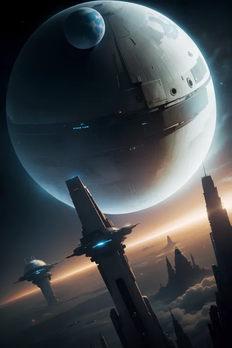 Star Wars looklike megacity on planet with three moons, many starships on the sky