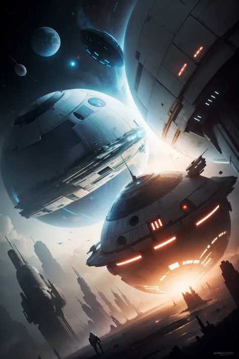 Star Wars looklike megacity on planet with three moons, many starships on the sky