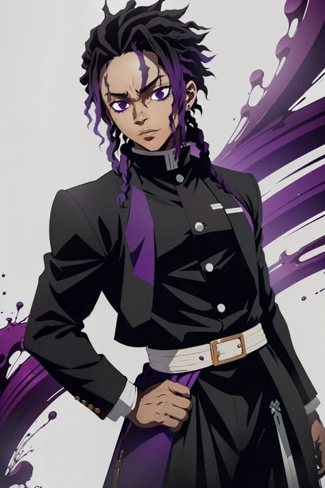 jovem negro, Uniform demon slayer, Bleach poses, sorrir, dreads, black and purple hair, show, Man, drip, espada vermelha, beautiful