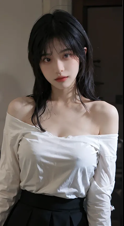 best qualtiy， 超高分辨率， （realisticlying：1.4）， 1 girl， A pair of peach blossom eyes，Off-shoulder white shirt， Black tight skirt，  （Faded gray-gray hair：1.4）， （big cleavage breasts：1.2）， closeup cleavage ，