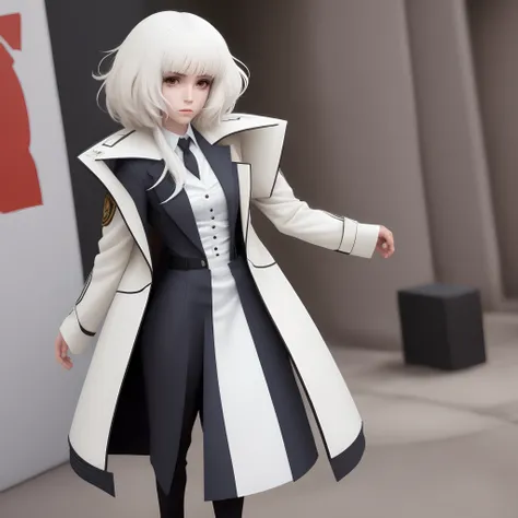 Quiero un personaje anime de cabello blanco con traje de cuero chaqueta