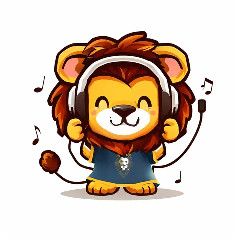 Cartoon lion with headphones and music notes, Cute lion, Mascot illustration, jamming to music, com fones de ouvido, vibing to music, trending on dribbble.mascote com, robot lion, DJ, com fones de ouvido, 2 d full body lion, arte fofa, DJ Sura, design de a...