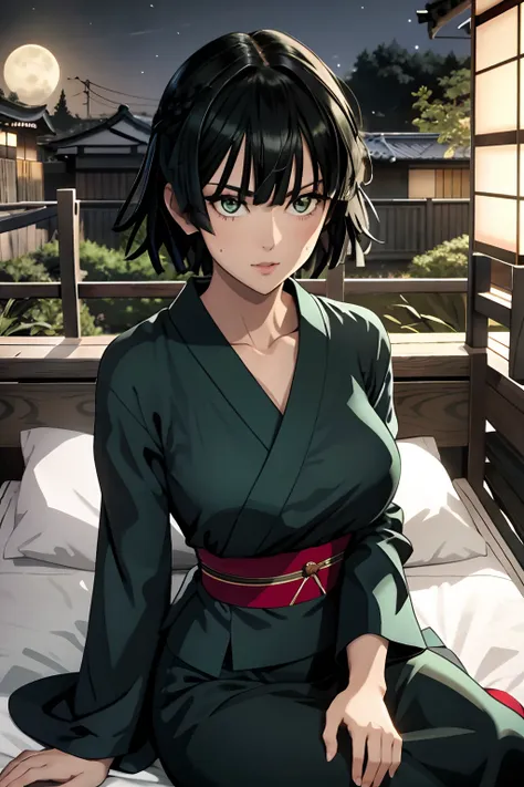 1 fubuki, kimono, kimono dress, nature, japanese environment, breast, opened armpit, sitting, japanese bedroom, black hair, night light, moon light, using bra, sweating, in front of camera，escote，smil，Criado sexy，looks directly at camera，Pelo short，cuerpos...