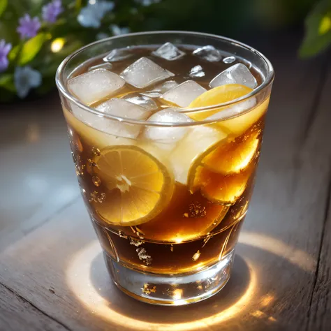 glass of kvass with ice, dripping water drops on glass, translucent liquid, ice cubes, wreath of wild flowers on picnic tablecloths, bright sun, midday outdoor lighting, open air, natural background, summer day, hot weather, high detail, very humid humidit...