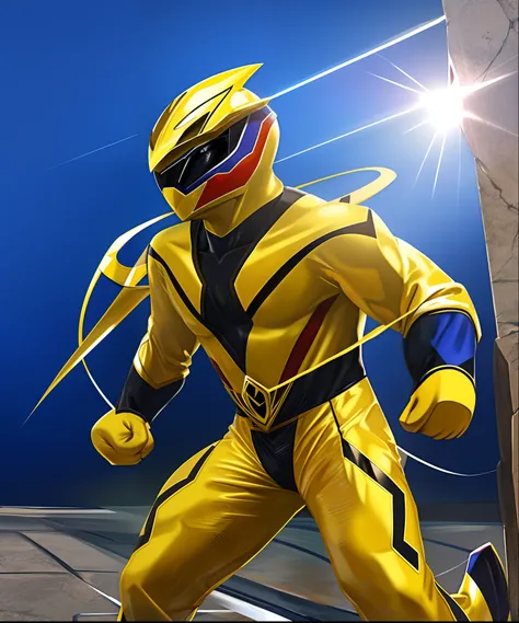 masutepiece, Super Detail, Best Quality, hight resolution, reflective light, ((Anatomically correct)), power ranger, solo, (Very shiny helmet and suit), ((Nylon Fiber Suit)), fighting poses, dragon head, yellow ranger, (yellow suit),