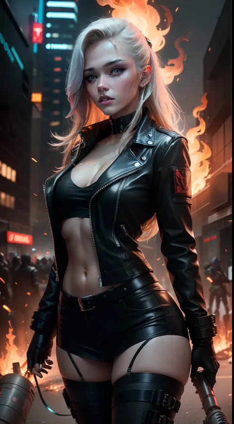 Hannah Hays looklike cyberpunk model of assasin in leather jacket, higheels, flamethrower, fire, tesla lightning gloves as a weapon