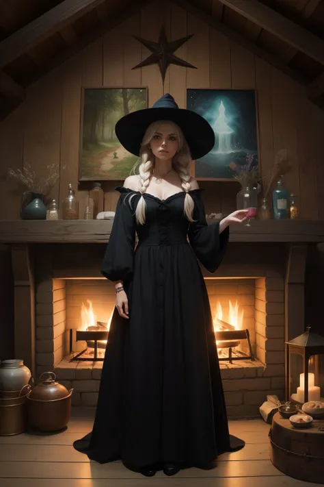 Foto de uma bruxa, (bruxa extremamente linda), Beautiful witch in a black dress stands in front of a fireplace, Boris Valejo. Octopath Viajante, Cottagecore!!, Cottagecore, Slavic folk fairy tale, full-colour illustration, she is in the potions workshop, i...