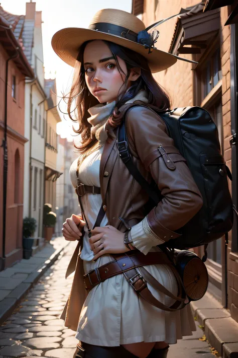 I want you to act as a photographer and design expert. Your task is to imagine and capture the essence of a 30-year-old beautiful girl, dressed in the swashbuckling garb of an early 20th century adventurer, fearlessly traversing mysterious city backstreets...