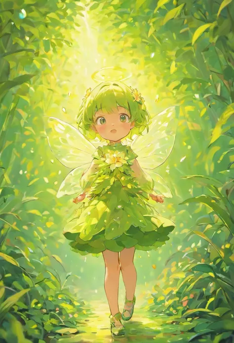 Cloudy day drizzling little girl in skirt tender green rain bud masterpiece,Girl Leaves Wind and Sunshine Little Girl Girl Excellent,,Need, A world masterpiece,super-fine,,Need,Shoots Cute 3 year old flower fairy, Chubby toot，Skirt made of petals，Huge flow...