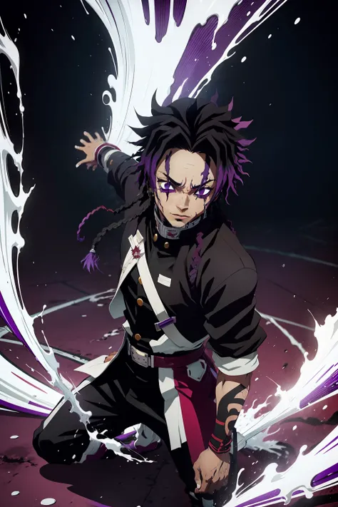 jovem negro, Uniform demon slayer, Bleach poses, sorrir, dreads, black and purple hair, show, Man, drip, espada vermelha, beautiful