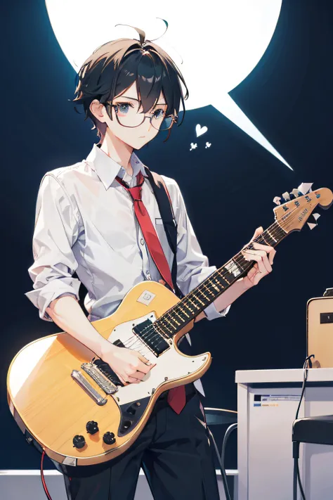 cute feminine man holding a dark guitar, wearing light glasses, black nail polish