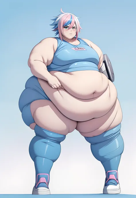 a anime styled image of a fat man with a large white cybernetic Hammer in his hand, he has a jiggly fat round belly,( his belly is , large,fat and round), thicc, big belly, , body swelling about to explode, belly exposed, thicc build,  fatbody, fat belly,(...