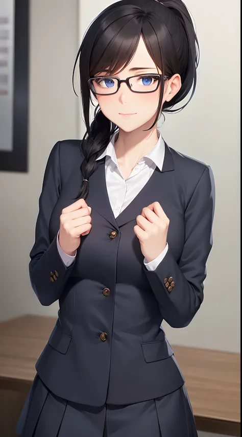 solo, 1 mature woman, ponytail black hair, glasses, sparkling blue eyes, teacher uniform, pov, 8k resolution, ultra-detailed, masterpiece, highest quality, blush