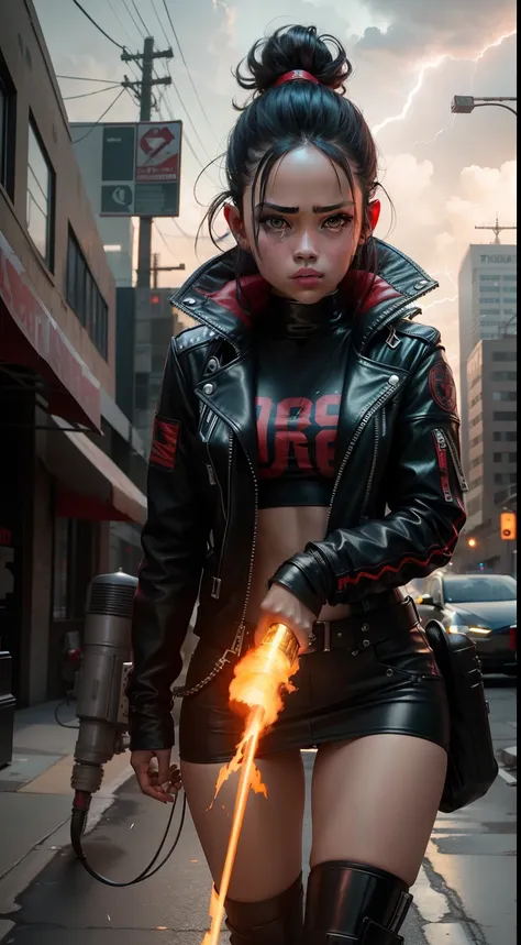 Jenna Ortega look like cyberpunk model of assasin in leather jacket, higheels, flamethrower fire, and tesla gun lightnings