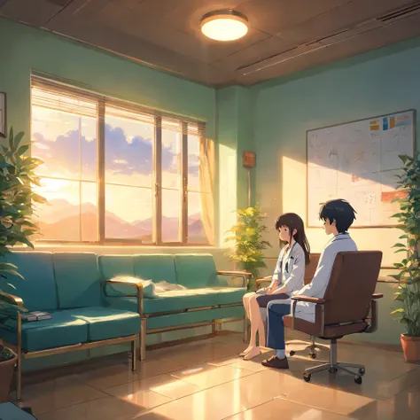 a scene where a girl is in a therapy session, sentada em uma sala tranquila e aconchegante, talking to your doctor. The girl is comfortably seated in an armchair, while the doctor is in a chair in front of her, Listening Carefully. The living room is softl...