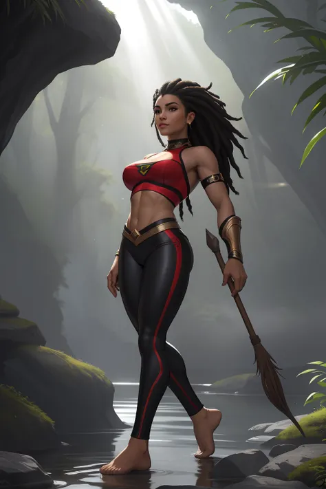 Uma mulher Moreno,sexo menina, In high school, cabelos ruivos, pele branca, with super tight pants and yoga on the back, marking, sorriso fofo  de cabelo afro cabelo caindo para frente, Rasta type but braided, holding a spear in, Shape Dana spearhead infor...