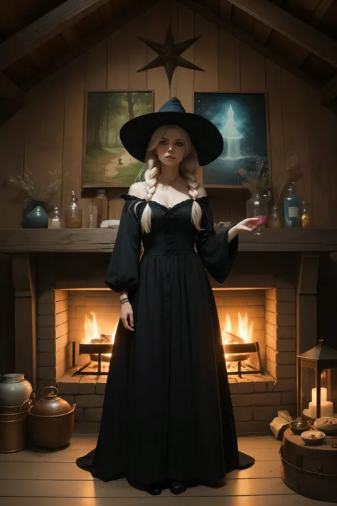 Foto de uma bruxa, (bruxa extremamente linda), Beautiful witch in a black dress stands in front of a fireplace, Boris Valejo. Octopath Viajante, Cottagecore!!, Cottagecore, Slavic folk fairy tale, full-colour illustration, she is in the potions workshop, i...