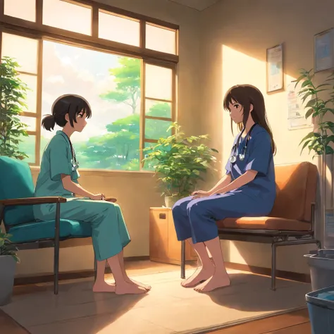 a scene where a girl is in a therapy session, sentada em uma sala tranquila e aconchegante, talking to your doctor. The girl is comfortably seated in an armchair, while the doctor is in a chair in front of her, Listening Carefully. The living room is softl...