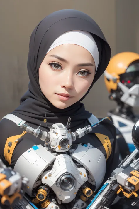 Photograph a Malay girl in hijab with a swarm of tiny robotic companions, illustrating the harmonious relationship between her and advanced technology