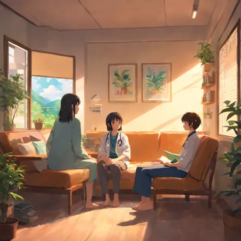 a scene where a girl is in a therapy session, sentada em uma sala tranquila e aconchegante, talking to your doctor, who is a man. The girl is comfortably seated in an armchair, while the doctor, also seated, is in a chair in front of her, Listening Careful...