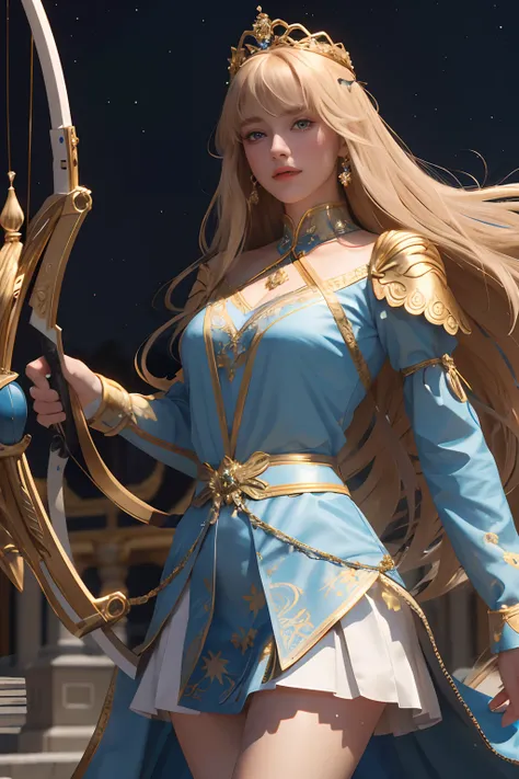 8k, the best quality, masterpiece, highly detailed, semi realistic, 1 girl, young female, 19 years old, with golden long hair and right eye covered by bangs, blue right eye, jewelry crown, palace style white and gold short skirts, slim figure, archery, hol...