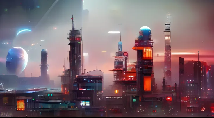 star wars looklike megacity on planet with three moons, many starships on the sky