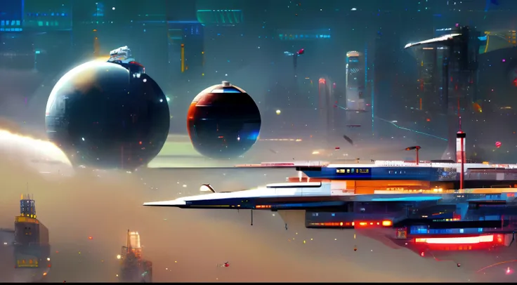 Star Wars looklike megacity on planet with three moons, many starships on the sky